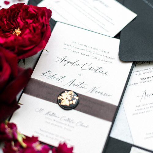 Modern Black and White Wedding Invitation with Black Vellum and Gold Foil Wax Seal by CalliRosa San Antonio Invitation Designer