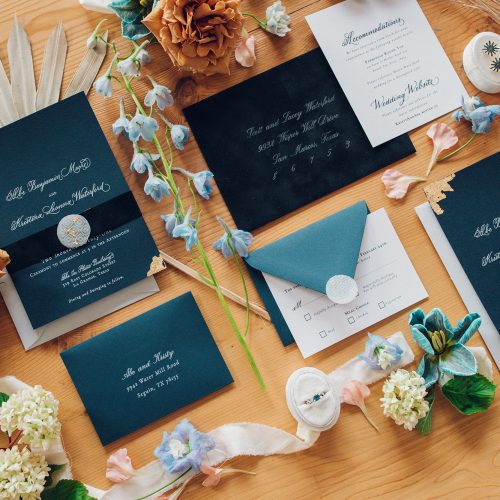 Navy Blue Fine Art Wedding Invitation With gold Accents and Velvet Details at Austin Wedding by Callirosa Texas Invitation Designer