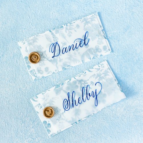 Place Cards with Vintage Blue Details on Vellum with Meal Choice Wax Seal by CalliRosa San Antonio Calligrapher