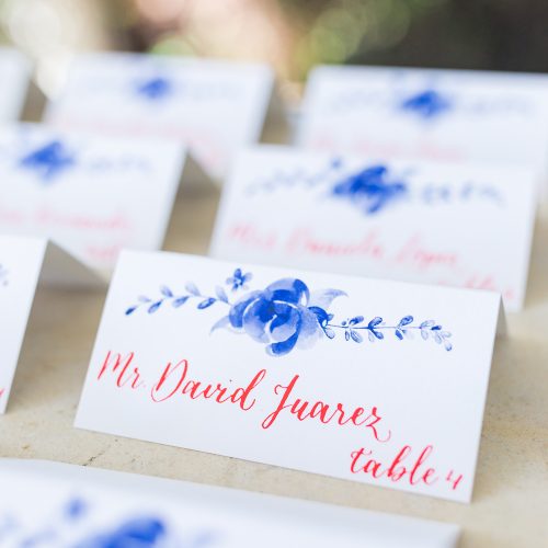 Red Calligraphy on Antique China Inspired Escort Place Card at Kendall Point in Boerne Texas by CalliRosa San Antonio Calligrapher