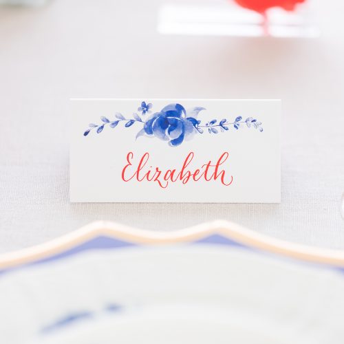Red Calligraphy on Antique China Inspired Escort Place Card at Kendall Point in Boerne Texas by CalliRosa San Antonio Calligrapher