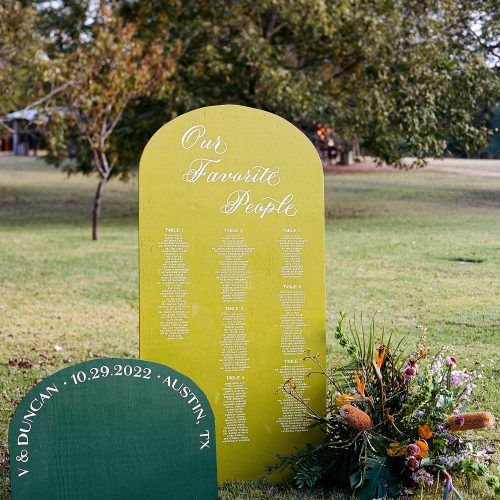 Seating Chart Installation Chartreuse and Dark Green for Austin Wedding by CalliRosa Texas Calligrapher