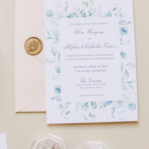 Tuscany Inspired Wedding Invitation With Eucalyptus Illustrations and Formal Calligraphy by CalliRosa Texas Wedding Stationer