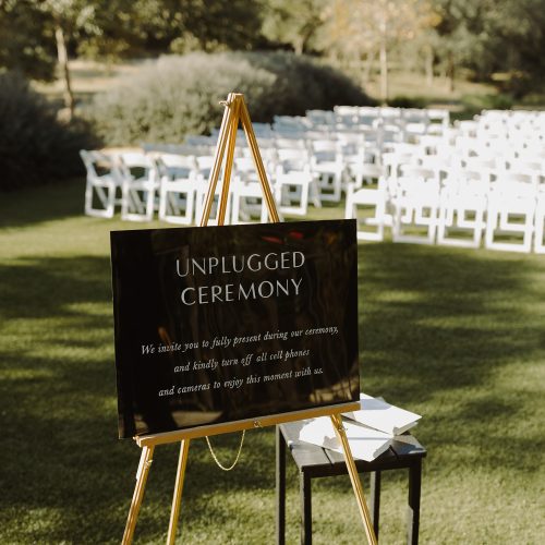 Unplugged Ceremony Sign Black Acrylic White Calligraphy for Black Tie Wedding at Kendall Point by CalliRosa Texas Calligrapher