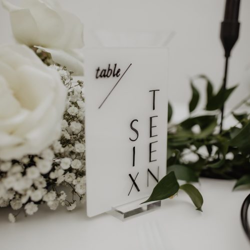 White and Black Acrylic Table Number for Modern Black Tie wedding by CalliRosa Texas Calligrapher