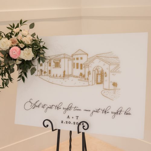 White and Gold Acrylic Welcome Sign with Venue Illustration at The Preserve at Canyon Lake Wedding by CalliRosa Texas Calligrapher